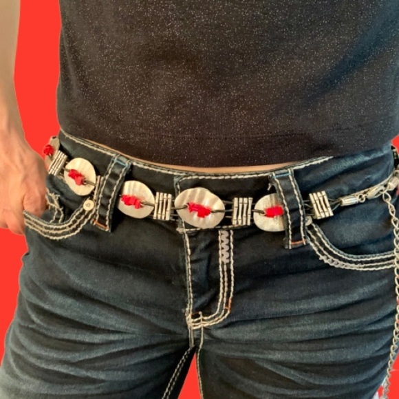 Vintage belt silver toned discs red beads black cords EUC - Picture 10 of 10